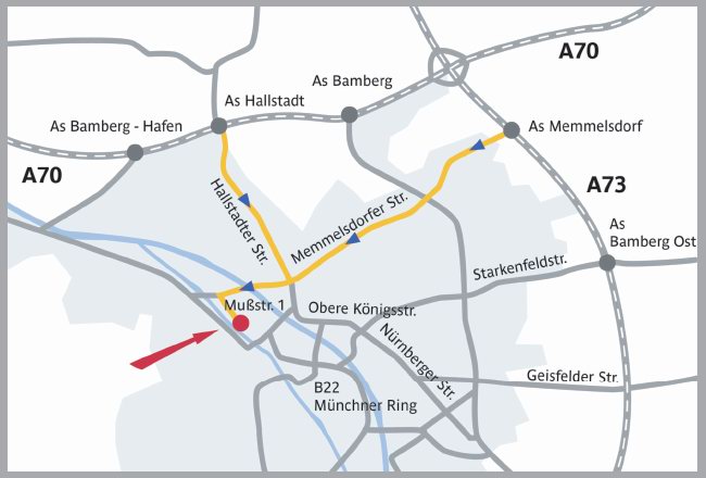 Anfahrtskizze zur Konzert- und Kongresshalle, Mußstr. 1, 96047 Bamberg